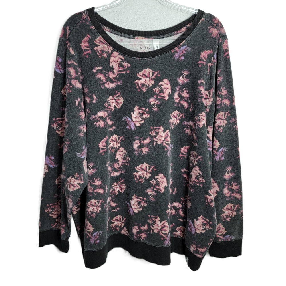 Torrid Active Womens‎ 3X Black Pink Floral Rose Sweatshirt Pullover